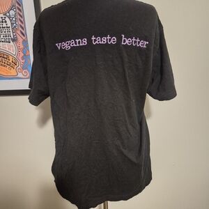 Black Tee with Pink Peace Love Vegan Graphic "Vegans Taste Better" XL